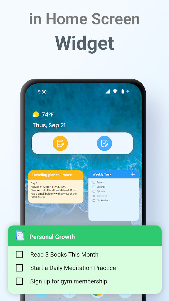 FlyNote home-screen interface showing checklists and completed tasks
