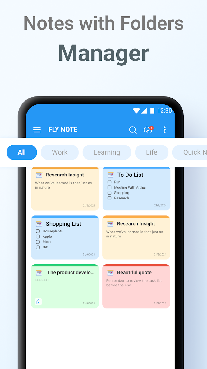 FlyNote interface showing notes organized in folders